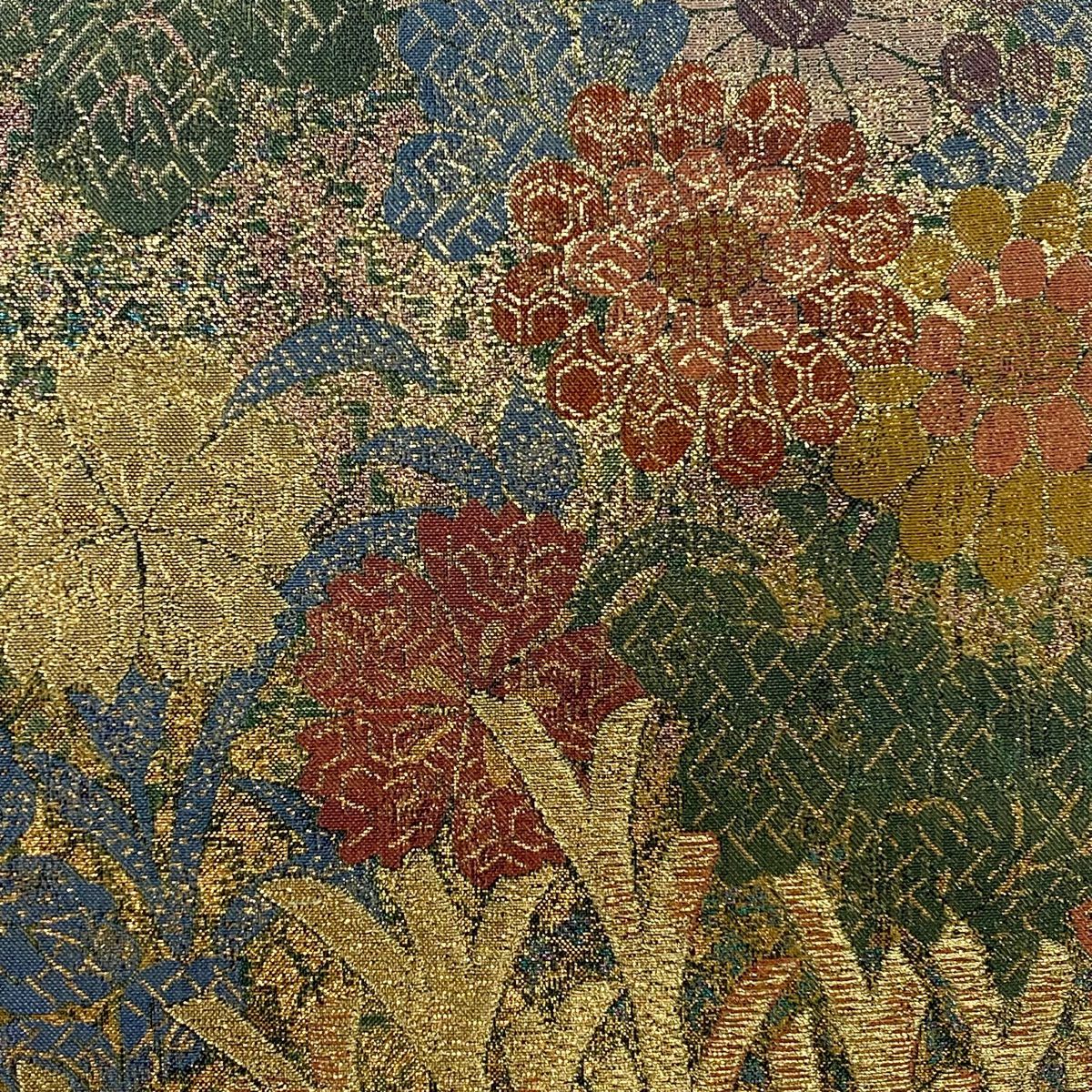 【庫存清倉】 袋帶 美品 秀品級 菊花花 萩花 金金箔 金絲 灰綠 六通 純蠶絲