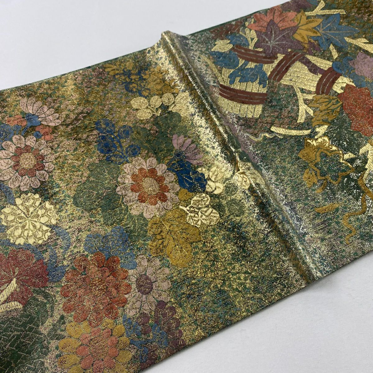 【庫存清倉】 袋帶 美品 秀品級 菊花花 萩花 金金箔 金絲 灰綠 六通 純蠶絲
