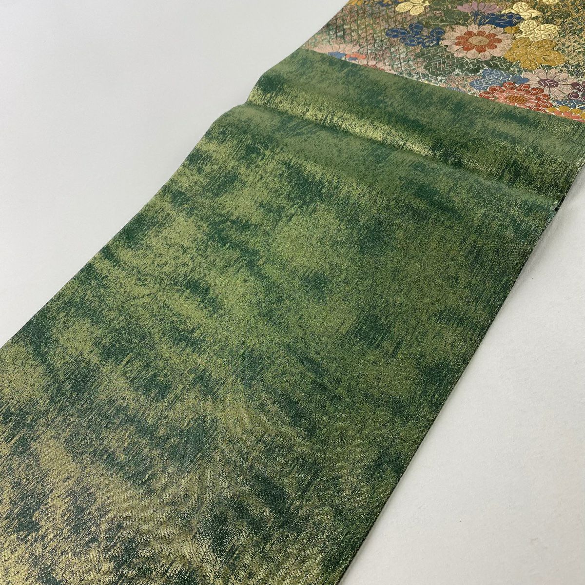 【庫存清倉】 袋帶 美品 秀品級 菊花花 萩花 金金箔 金絲 灰綠 六通 純蠶絲