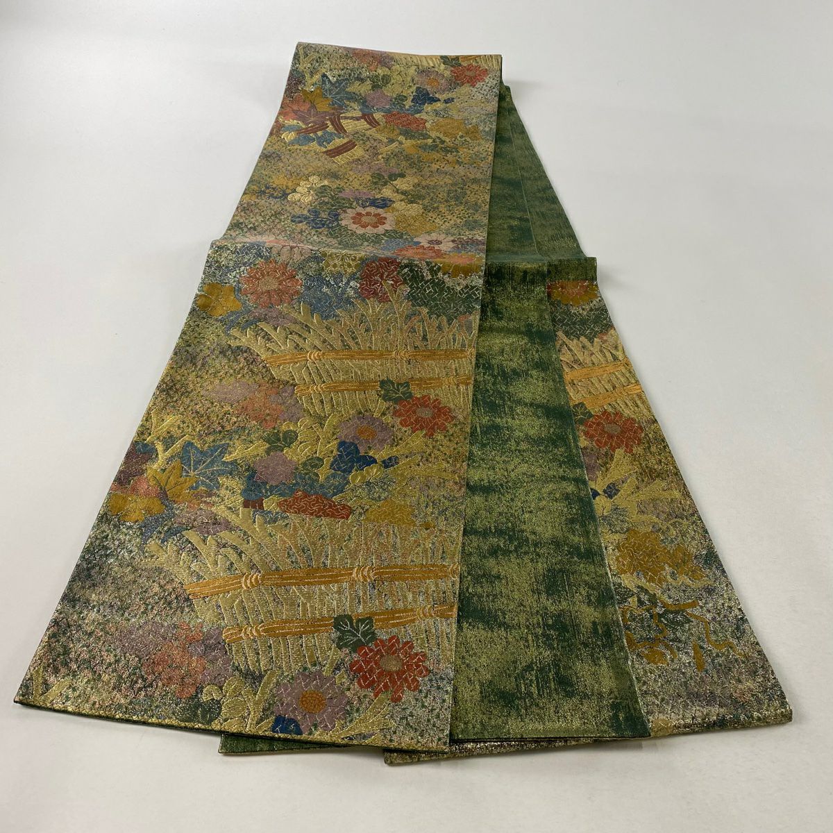 【庫存清倉】 袋帶 美品 秀品級 菊花花 萩花 金金箔 金絲 灰綠 六通 純蠶絲