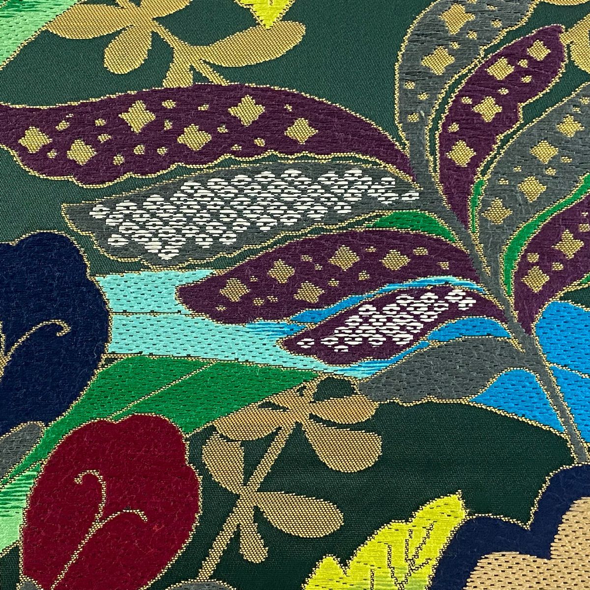 【庫存清倉】 袋帶 美品 逸品級 櫻花 草花紋紋 金金箔 唐織 綠色 六通 純蠶絲