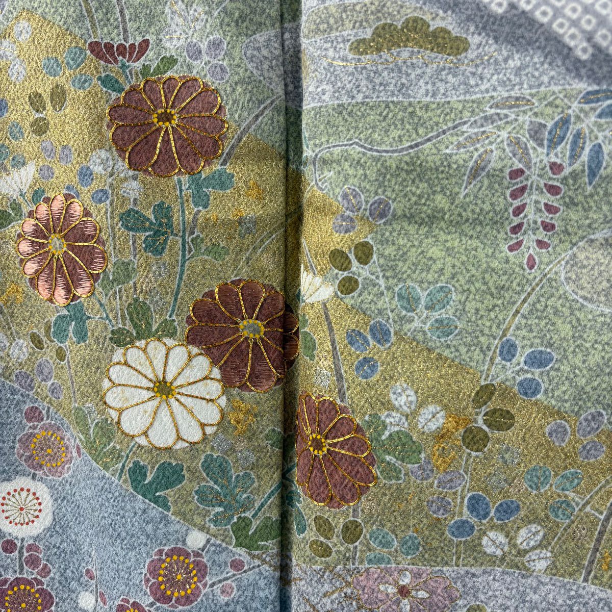 【庫存清倉】訪問服 身長160cm 袖長64cm M 雙層 松樹井青青 落款有 菊花 松樹竹子梅花 金絲刺繡 灰色 純蠶絲 逸品級 一個紋