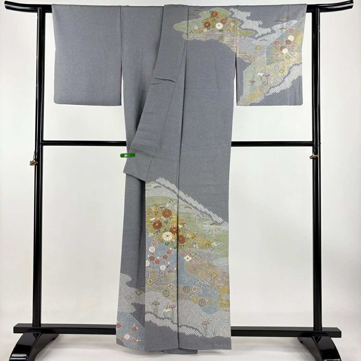【庫存清倉】訪問服 身長160cm 袖長64cm M 雙層 松樹井青青 落款有 菊花 松樹竹子梅花 金絲刺繡 灰色 純蠶絲 逸品級 一個紋