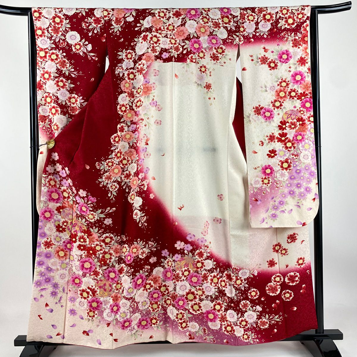 【庫存清倉】振袖禮服 身長157cm 袖長64cm M 雙層 手鞠 草花紋紋 金銀彩 紅 純蠶絲 逸品級
