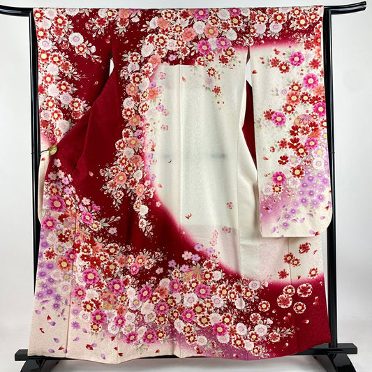【庫存清倉】振袖禮服 身長157cm 袖長64cm M 雙層 手鞠 草花紋紋 金銀彩 紅 純蠶絲 逸品級