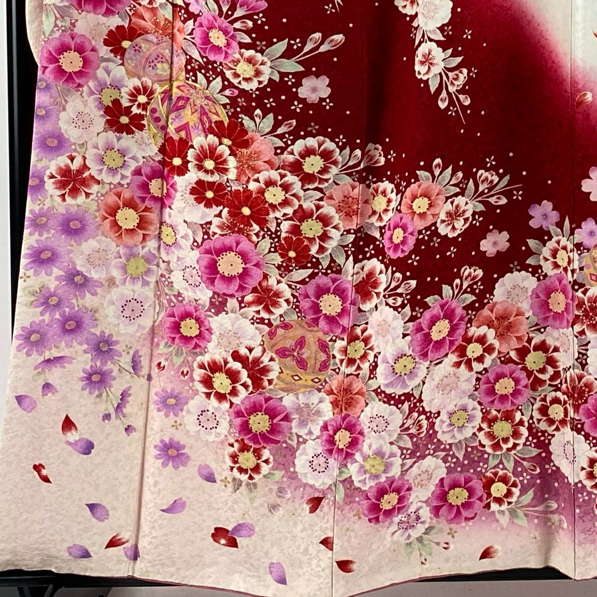 【庫存清倉】振袖禮服 身長157cm 袖長64cm M 雙層 手鞠 草花紋紋 金銀彩 紅 純蠶絲 逸品級