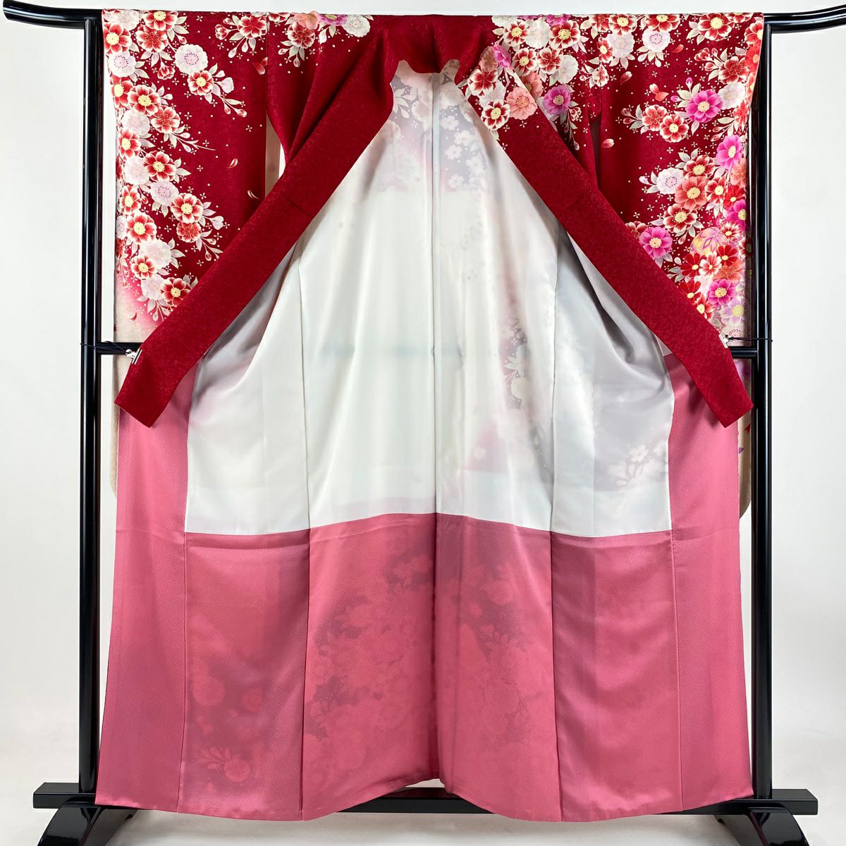 【庫存清倉】振袖禮服 身長157cm 袖長64cm M 雙層 手鞠 草花紋紋 金銀彩 紅 純蠶絲 逸品級