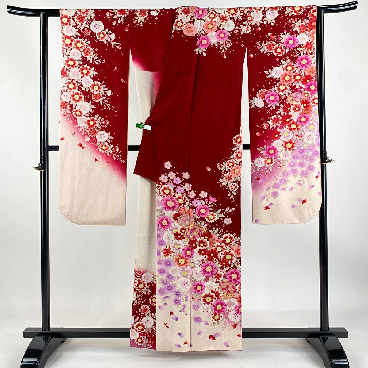 【庫存清倉】振袖禮服 身長157cm 袖長64cm M 雙層 手鞠 草花紋紋 金銀彩 紅 純蠶絲 逸品級