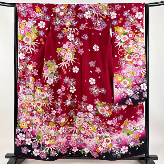 【清倉特賣】振袖禮服 身長158cm 袖長64.5cm M 雙層 鞠 牡丹 銀通 金絲 紅 純蠶絲 逸品級