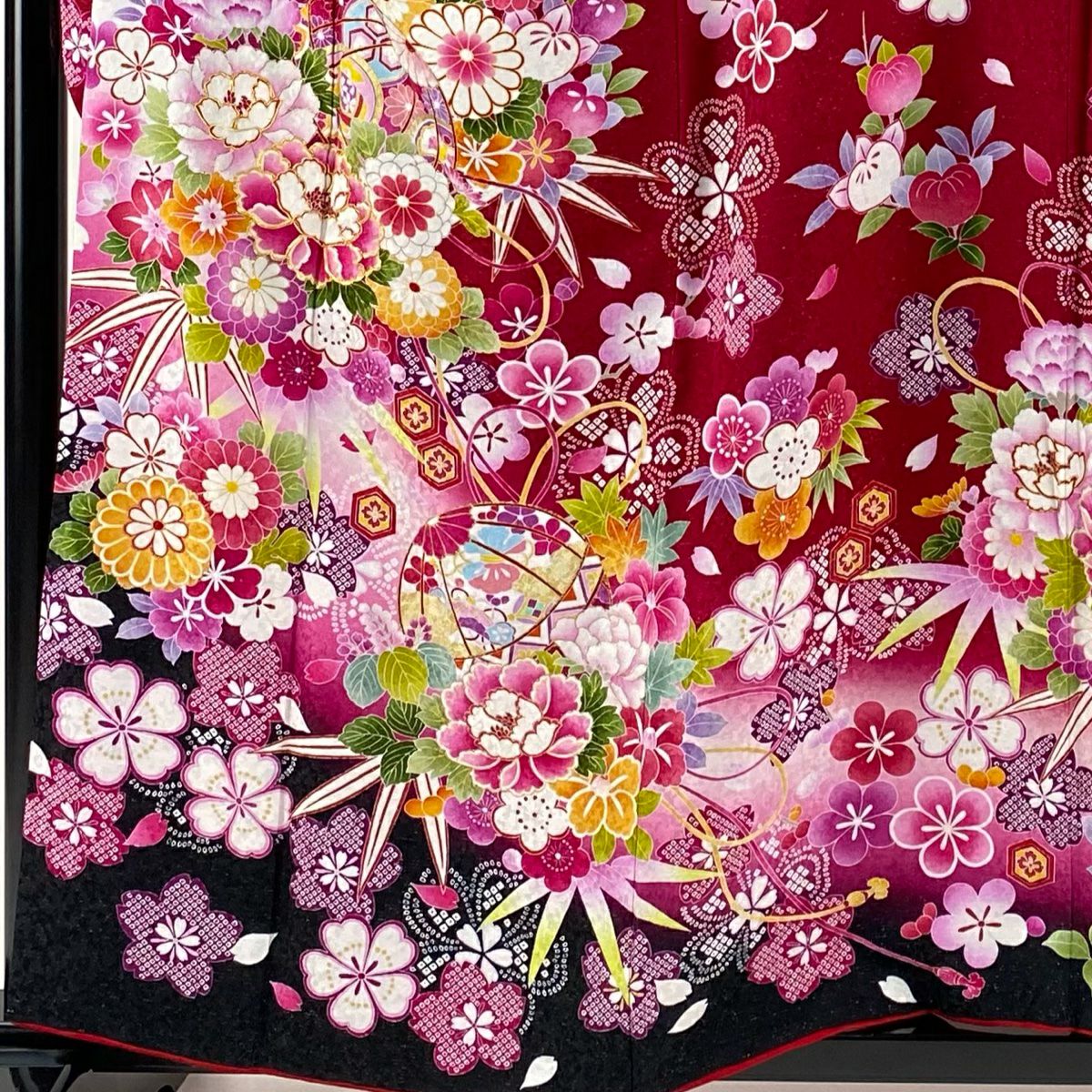 【清倉特賣】振袖禮服 身長158cm 袖長64.5cm M 雙層 鞠 牡丹 銀通 金絲 紅 純蠶絲 逸品級