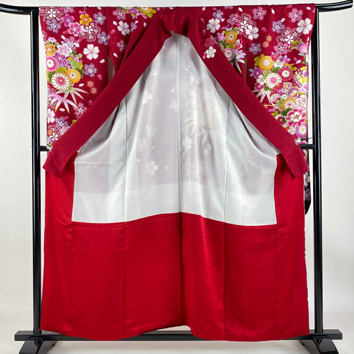 【清倉特賣】振袖禮服 身長158cm 袖長64.5cm M 雙層 鞠 牡丹 銀通 金絲 紅 純蠶絲 逸品級
