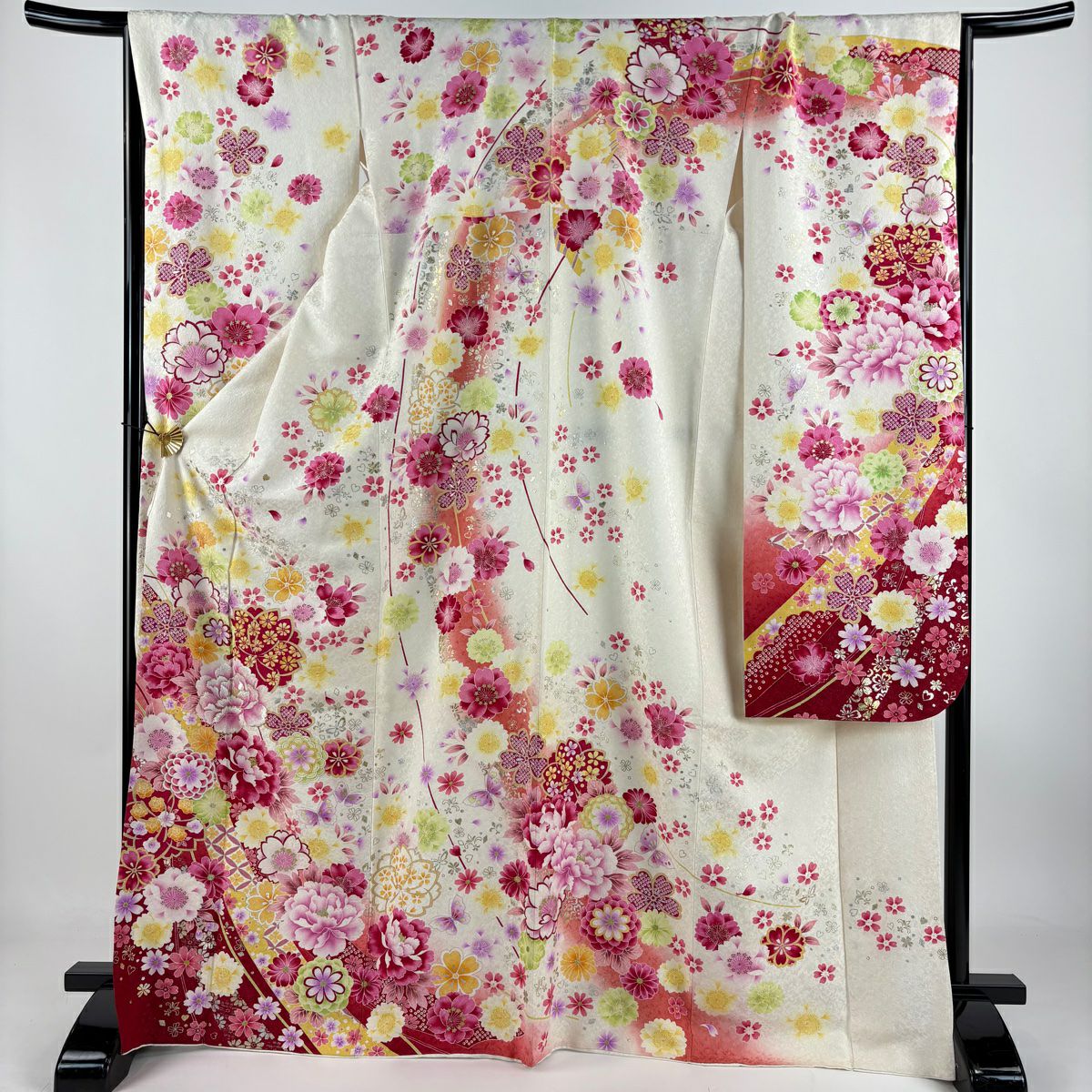 【庫存清倉】振袖禮服 身長169.5cm 袖長68.5cm L 雙層 牡丹 櫻花 金銀彩 金金箔 奶油色 純蠶絲 逸品級