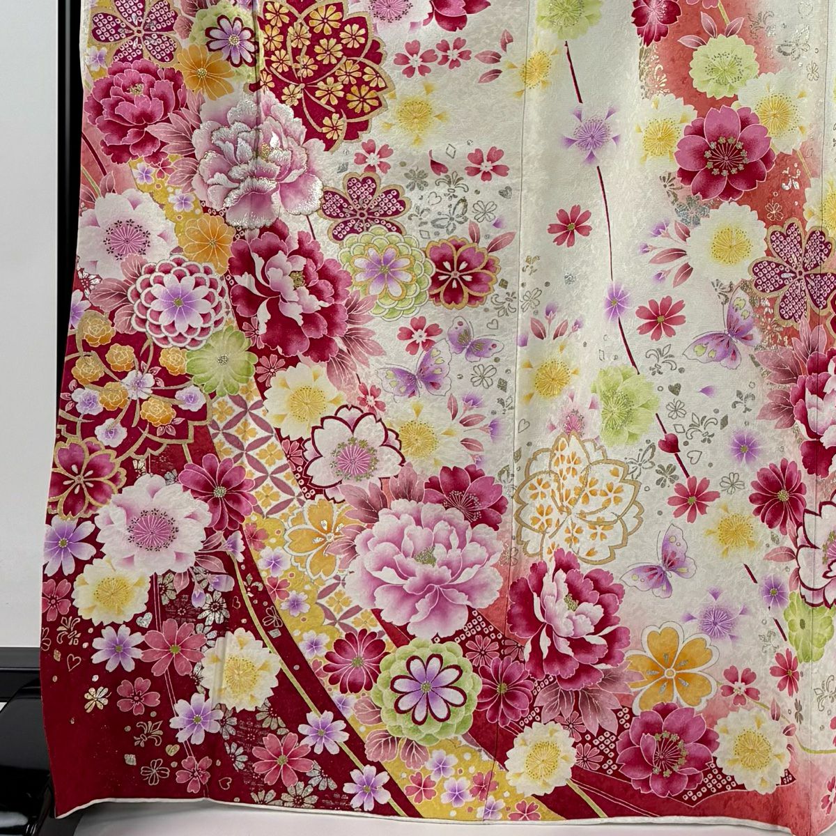 【庫存清倉】振袖禮服 身長169.5cm 袖長68.5cm L 雙層 牡丹 櫻花 金銀彩 金金箔 奶油色 純蠶絲 逸品級