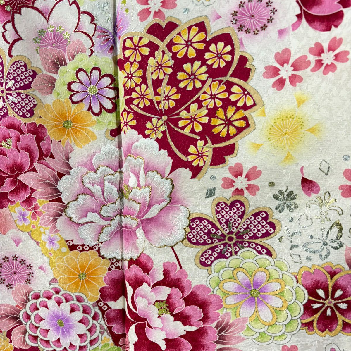 【庫存清倉】振袖禮服 身長169.5cm 袖長68.5cm L 雙層 牡丹 櫻花 金銀彩 金金箔 奶油色 純蠶絲 逸品級