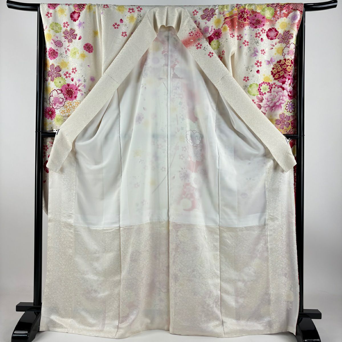 【庫存清倉】振袖禮服 身長169.5cm 袖長68.5cm L 雙層 牡丹 櫻花 金銀彩 金金箔 奶油色 純蠶絲 逸品級