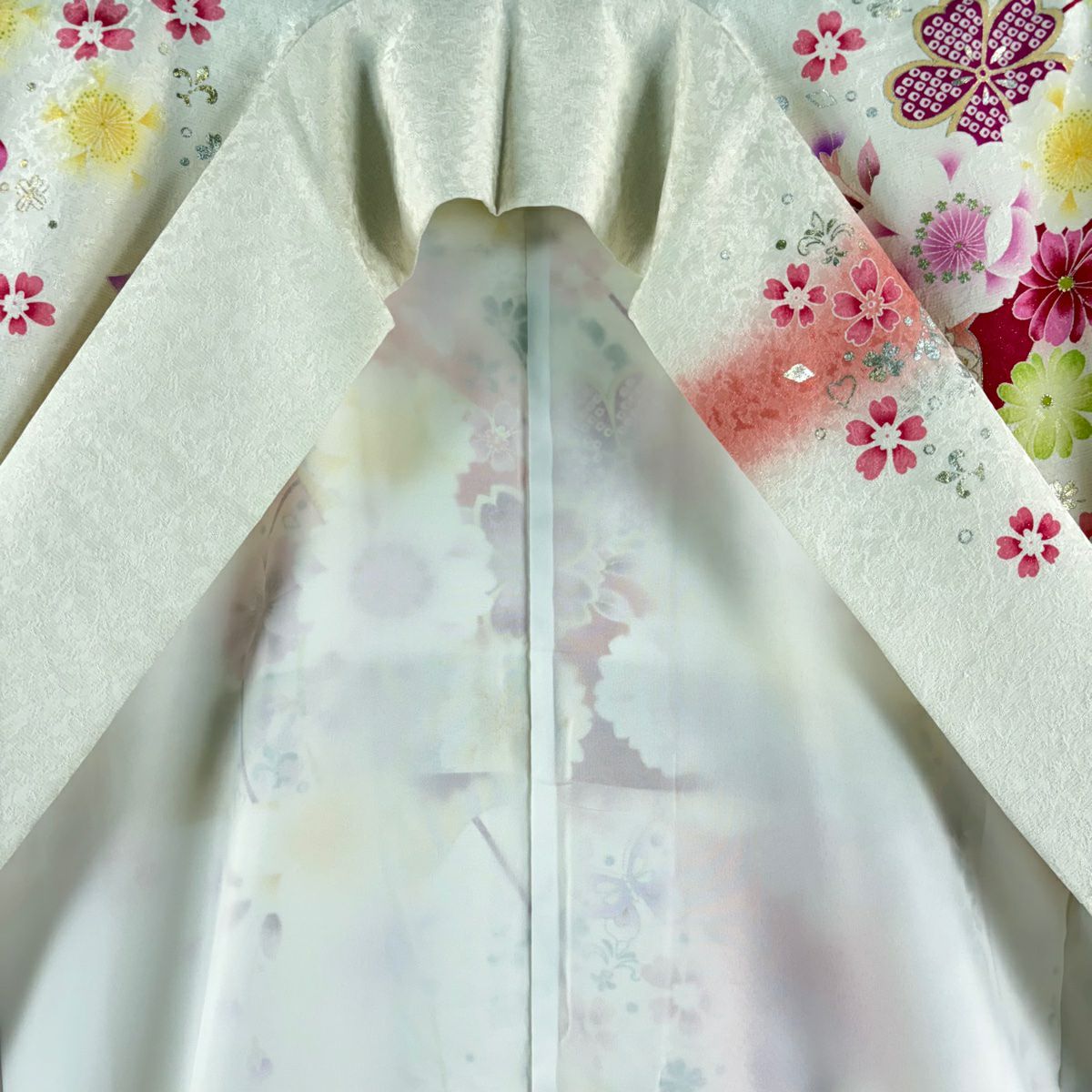 【庫存清倉】振袖禮服 身長169.5cm 袖長68.5cm L 雙層 牡丹 櫻花 金銀彩 金金箔 奶油色 純蠶絲 逸品級