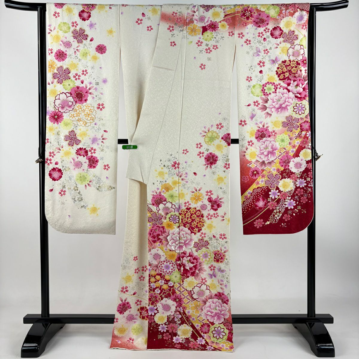 【庫存清倉】振袖禮服 身長169.5cm 袖長68.5cm L 雙層 牡丹 櫻花 金銀彩 金金箔 奶油色 純蠶絲 逸品級