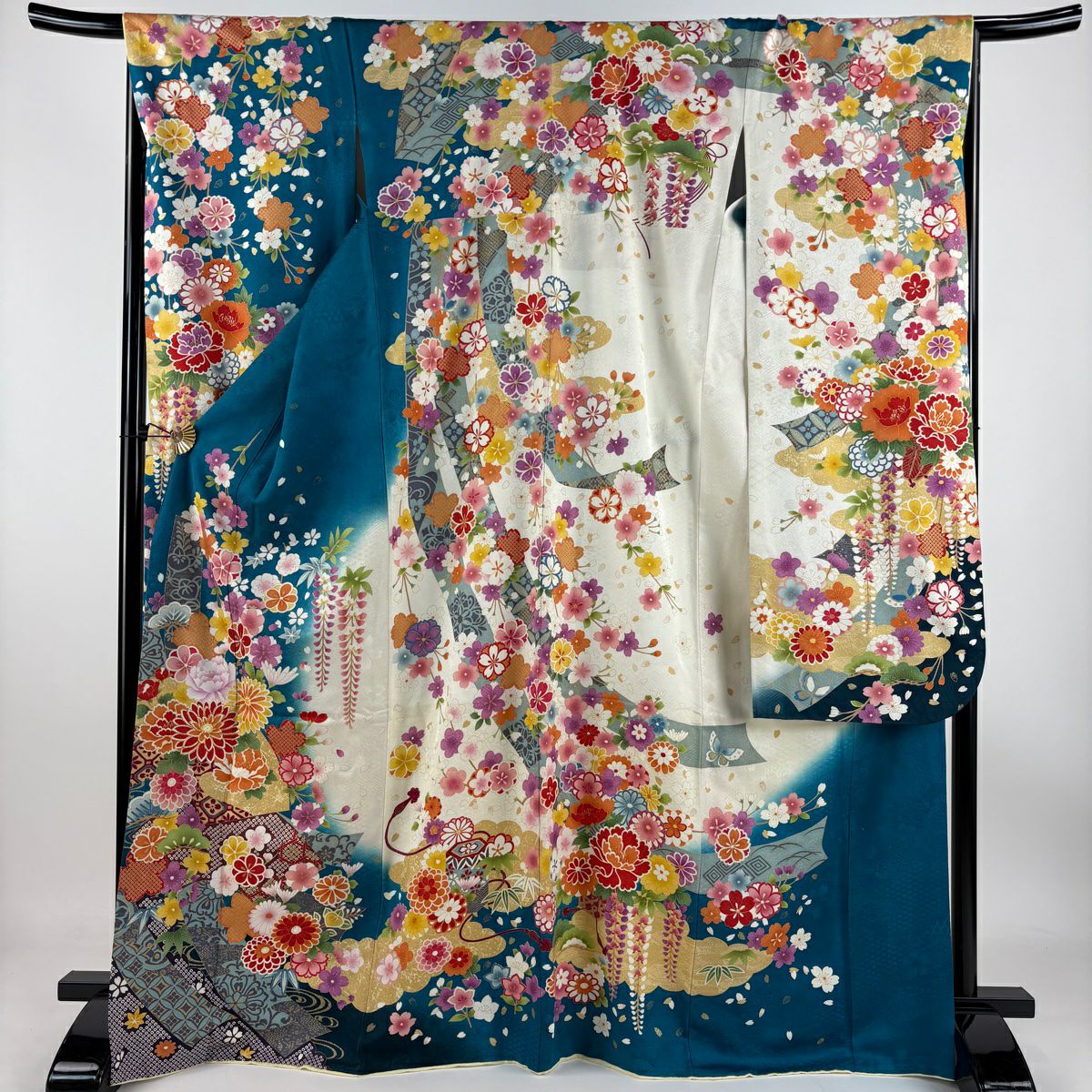 【庫存清倉】振袖禮服 身長169.5cm 袖長68cm L 雙層 菊花花 扇子面 金絲 銀彩 青綠 純蠶絲 逸品級