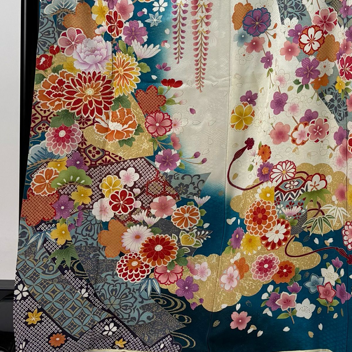 【庫存清倉】振袖禮服 身長169.5cm 袖長68cm L 雙層 菊花花 扇子面 金絲 銀彩 青綠 純蠶絲 逸品級
