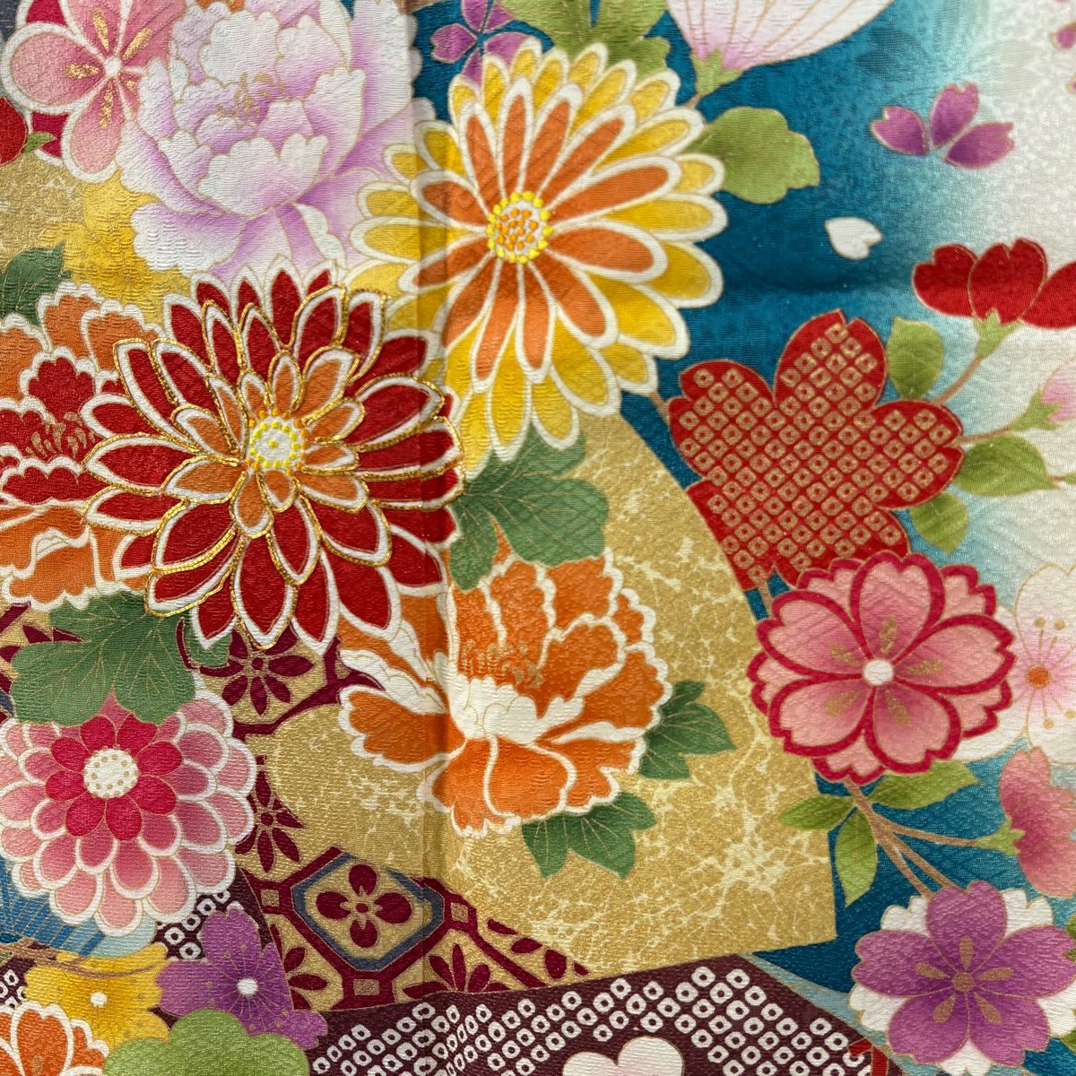 【庫存清倉】振袖禮服 身長169.5cm 袖長68cm L 雙層 菊花花 扇子面 金絲 銀彩 青綠 純蠶絲 逸品級