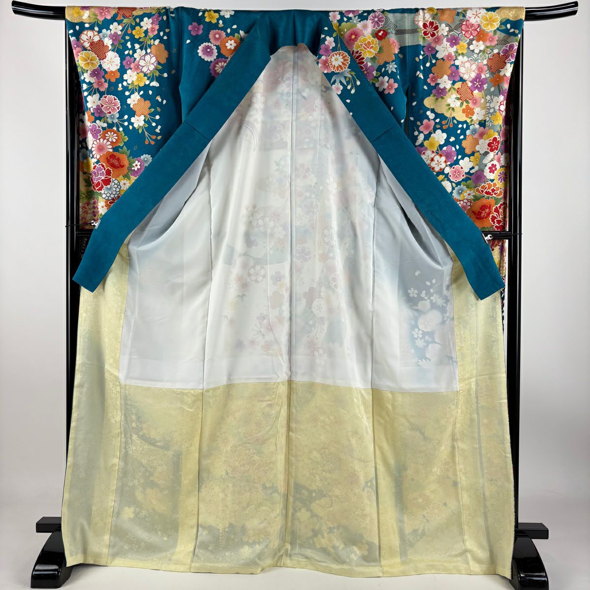 【庫存清倉】振袖禮服 身長169.5cm 袖長68cm L 雙層 菊花花 扇子面 金絲 銀彩 青綠 純蠶絲 逸品級