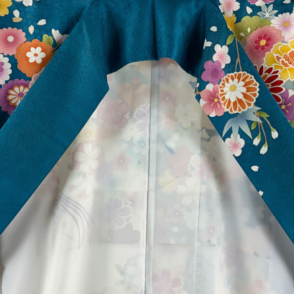 【庫存清倉】振袖禮服 身長169.5cm 袖長68cm L 雙層 菊花花 扇子面 金絲 銀彩 青綠 純蠶絲 逸品級
