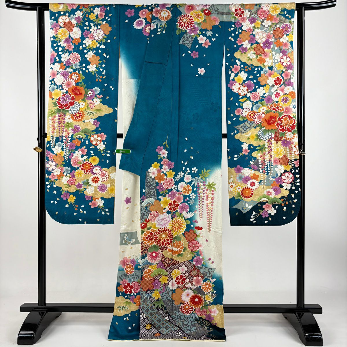 【庫存清倉】振袖禮服 身長169.5cm 袖長68cm L 雙層 菊花花 扇子面 金絲 銀彩 青綠 純蠶絲 逸品級