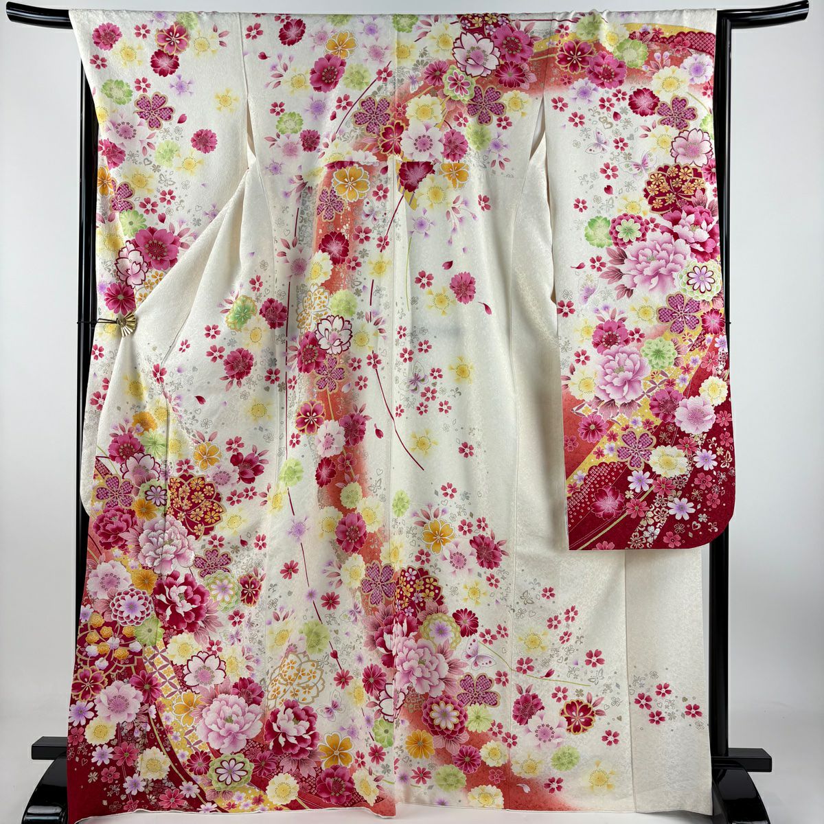 【庫存清倉】振袖禮服 身長168.5cm 袖長67.5cm L 雙層 牡丹 櫻花 金銀彩 金金箔 奶油色 純蠶絲 精品