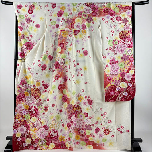 【庫存清倉】振袖禮服 身長168.5cm 袖長67.5cm L 雙層 牡丹 櫻花 金銀彩 金金箔 奶油色 純蠶絲 精品