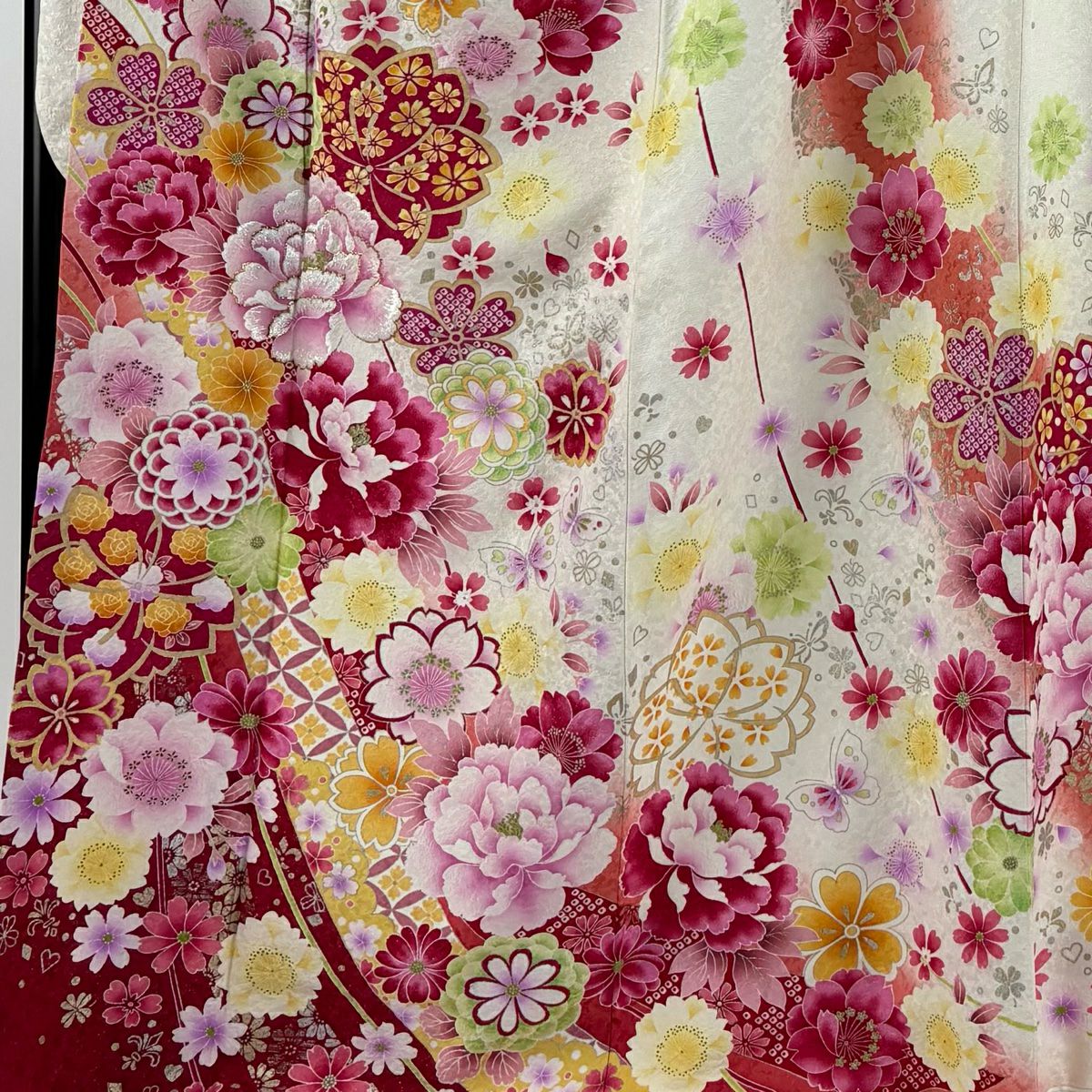 【庫存清倉】振袖禮服 身長168.5cm 袖長67.5cm L 雙層 牡丹 櫻花 金銀彩 金金箔 奶油色 純蠶絲 精品