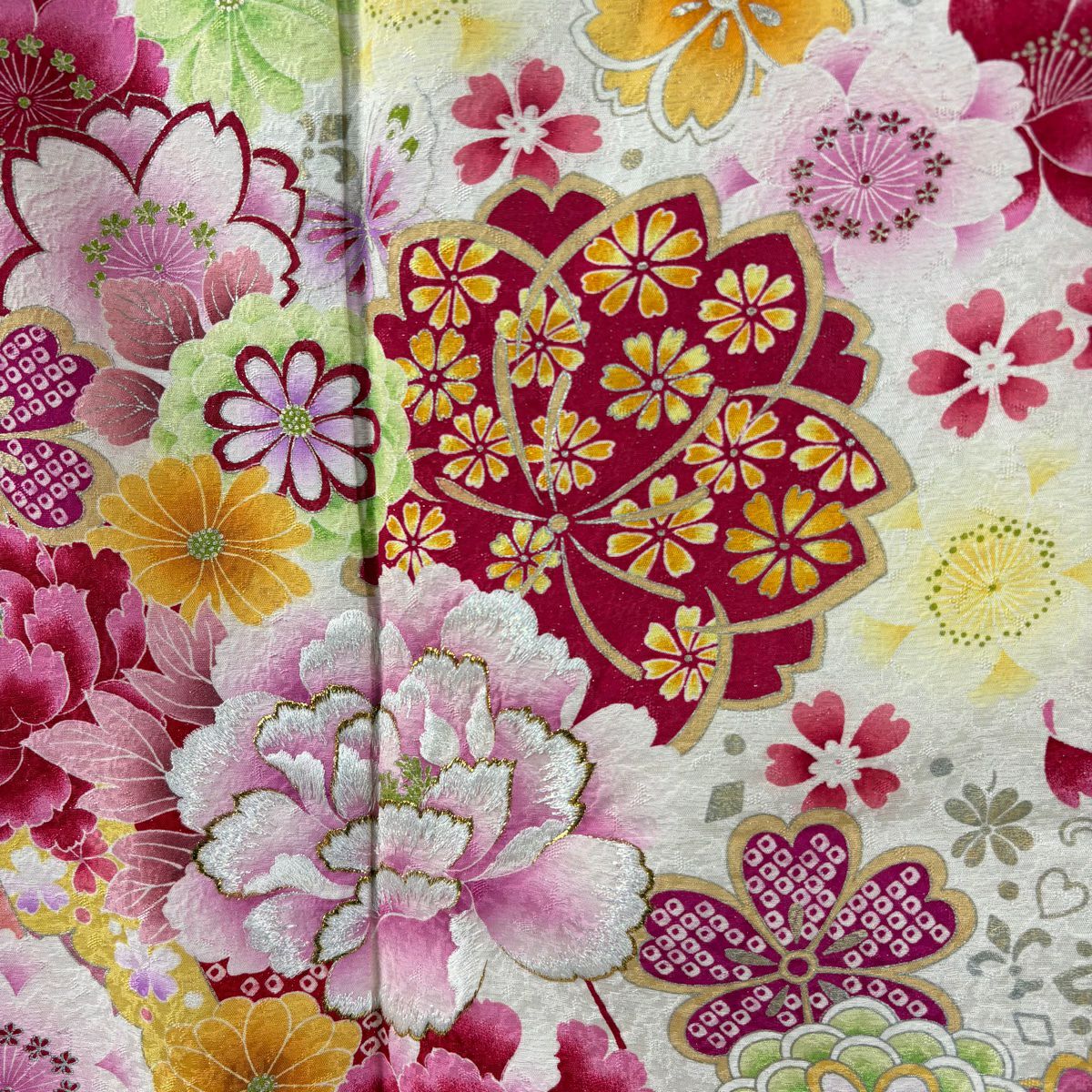【庫存清倉】振袖禮服 身長168.5cm 袖長67.5cm L 雙層 牡丹 櫻花 金銀彩 金金箔 奶油色 純蠶絲 精品