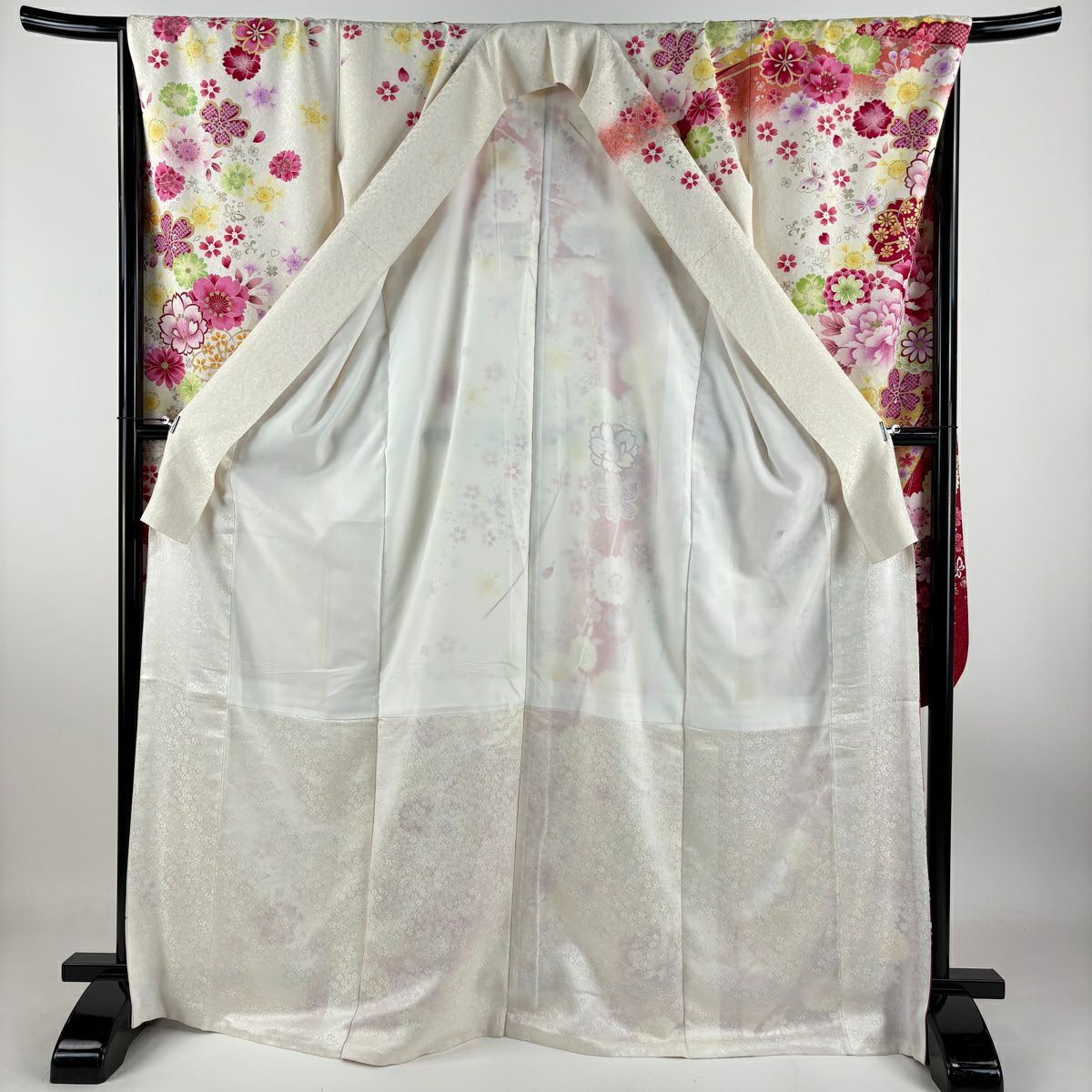 【庫存清倉】振袖禮服 身長168.5cm 袖長67.5cm L 雙層 牡丹 櫻花 金銀彩 金金箔 奶油色 純蠶絲 精品