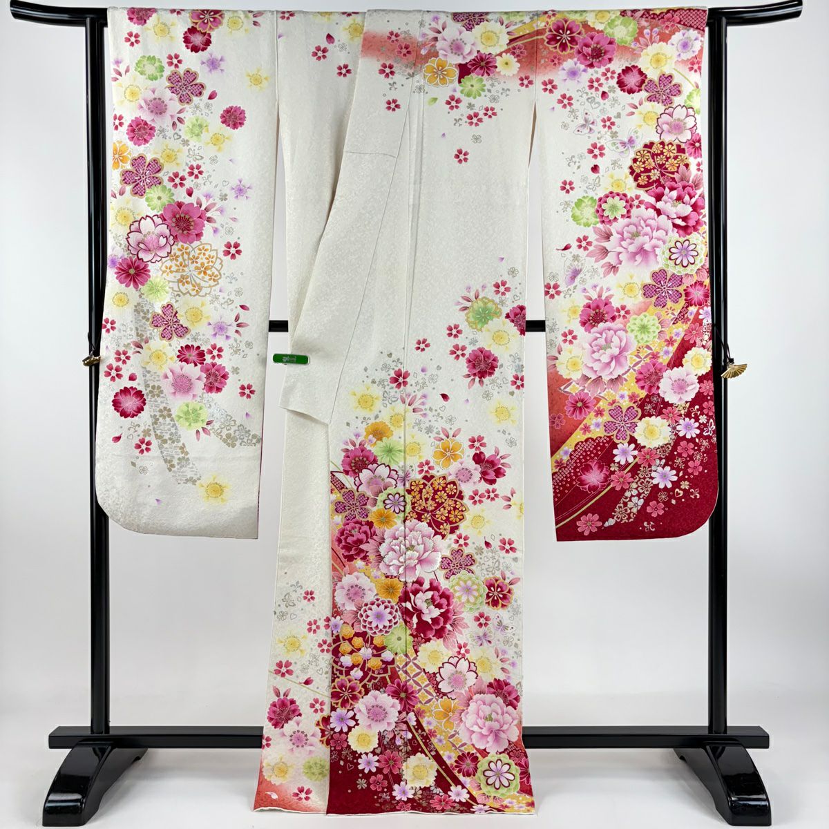 【庫存清倉】振袖禮服 身長168.5cm 袖長67.5cm L 雙層 牡丹 櫻花 金銀彩 金金箔 奶油色 純蠶絲 精品