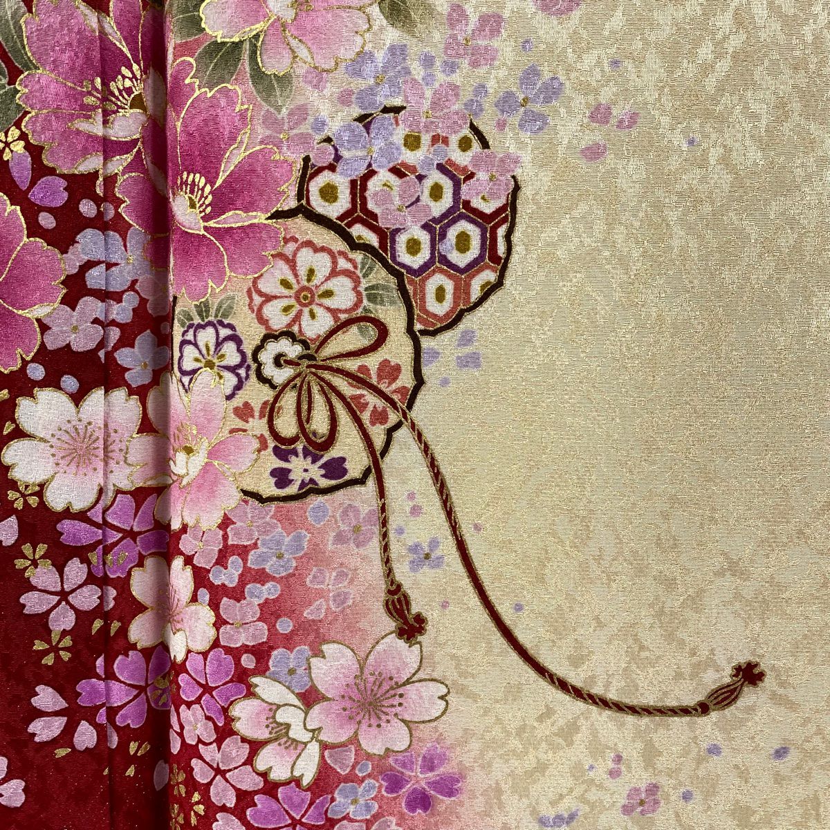 【庫存清倉】振袖禮服 身長162cm 袖長66cm M 雙層 鏡裏文 草花紋紋 金通し 金銀彩 紅 純蠶絲 美品 逸品級