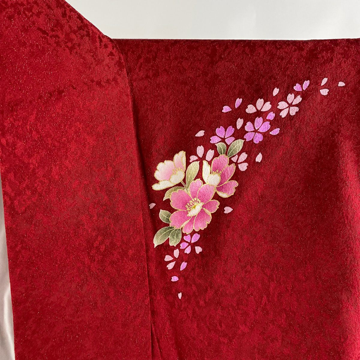 【庫存清倉】振袖禮服 身長162cm 袖長66cm M 雙層 鏡裏文 草花紋紋 金通し 金銀彩 紅 純蠶絲 美品 逸品級