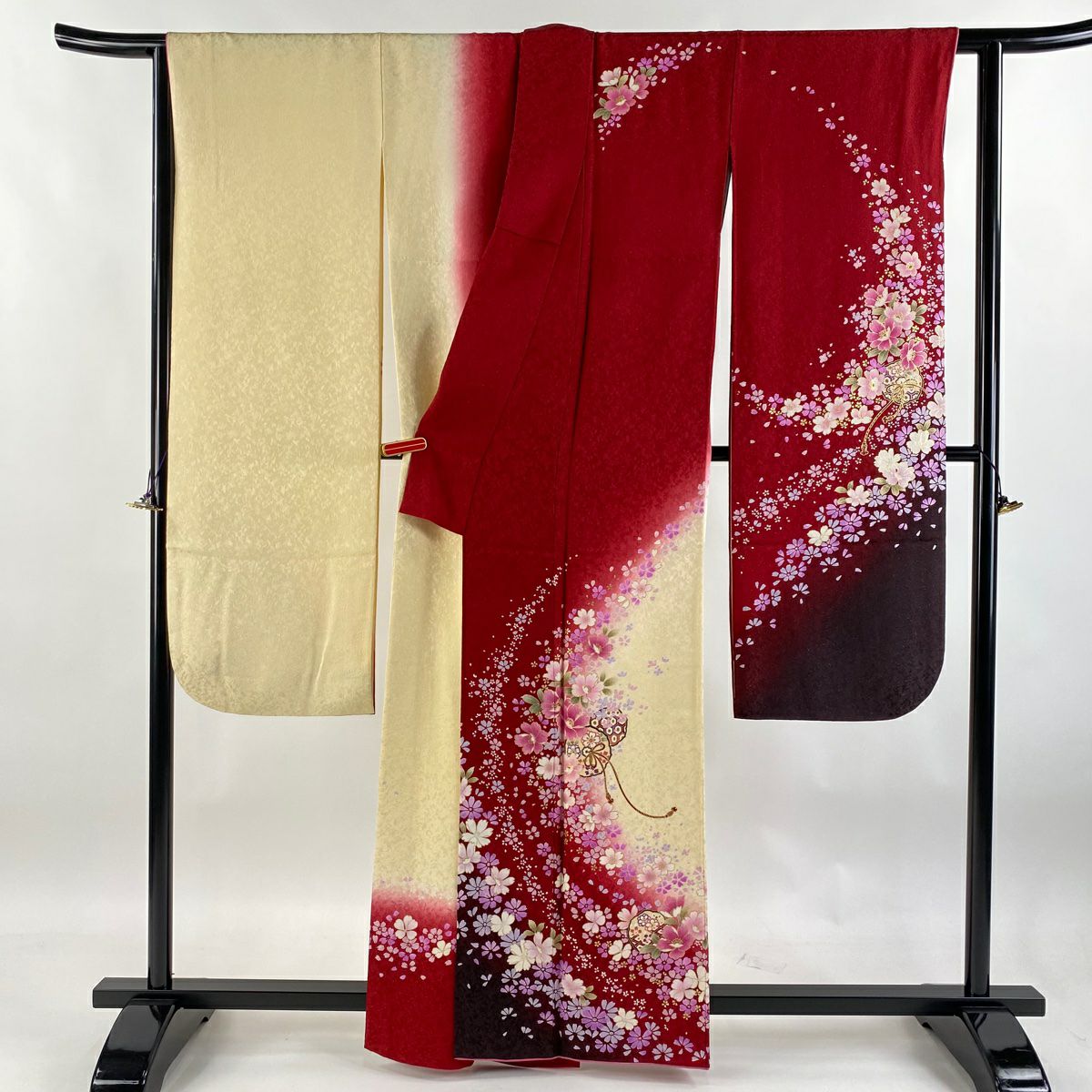【庫存清倉】振袖禮服 身長162cm 袖長66cm M 雙層 鏡裏文 草花紋紋 金通し 金銀彩 紅 純蠶絲 美品 逸品級