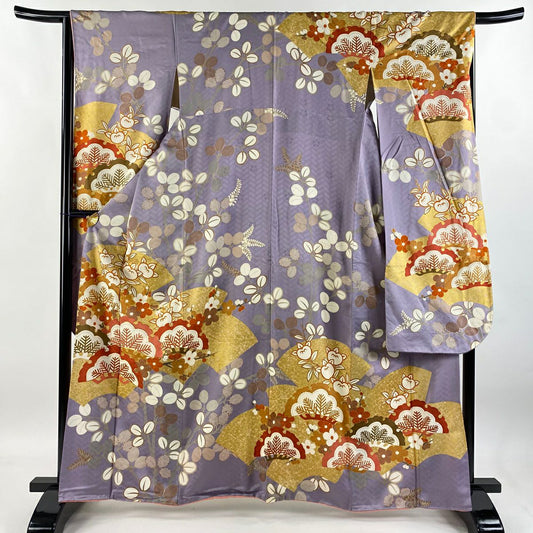 【清倉特賣】振袖禮服 身長163cm 袖長65cm M 雙層 吾妻德穗 吹棉仕立 落款あり 笠松樹 橘 金絲 金銀彩 淡紫 純蠶絲 逸品級