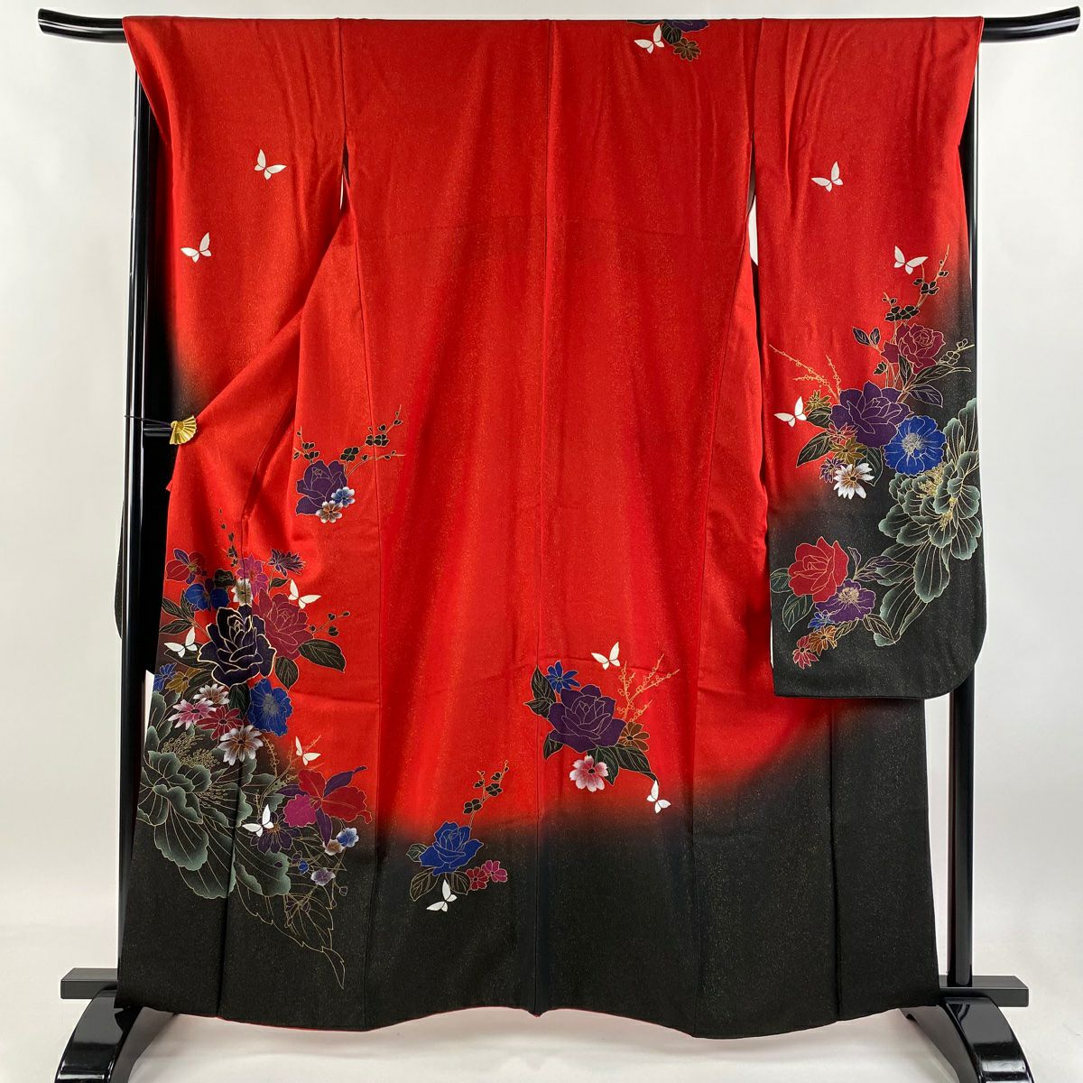 【庫存清倉】振袖禮服 身長160cm 袖長68cm L 雙層 草花紋紋 蝶 金通染 紅 純蠶絲 美品 逸品級