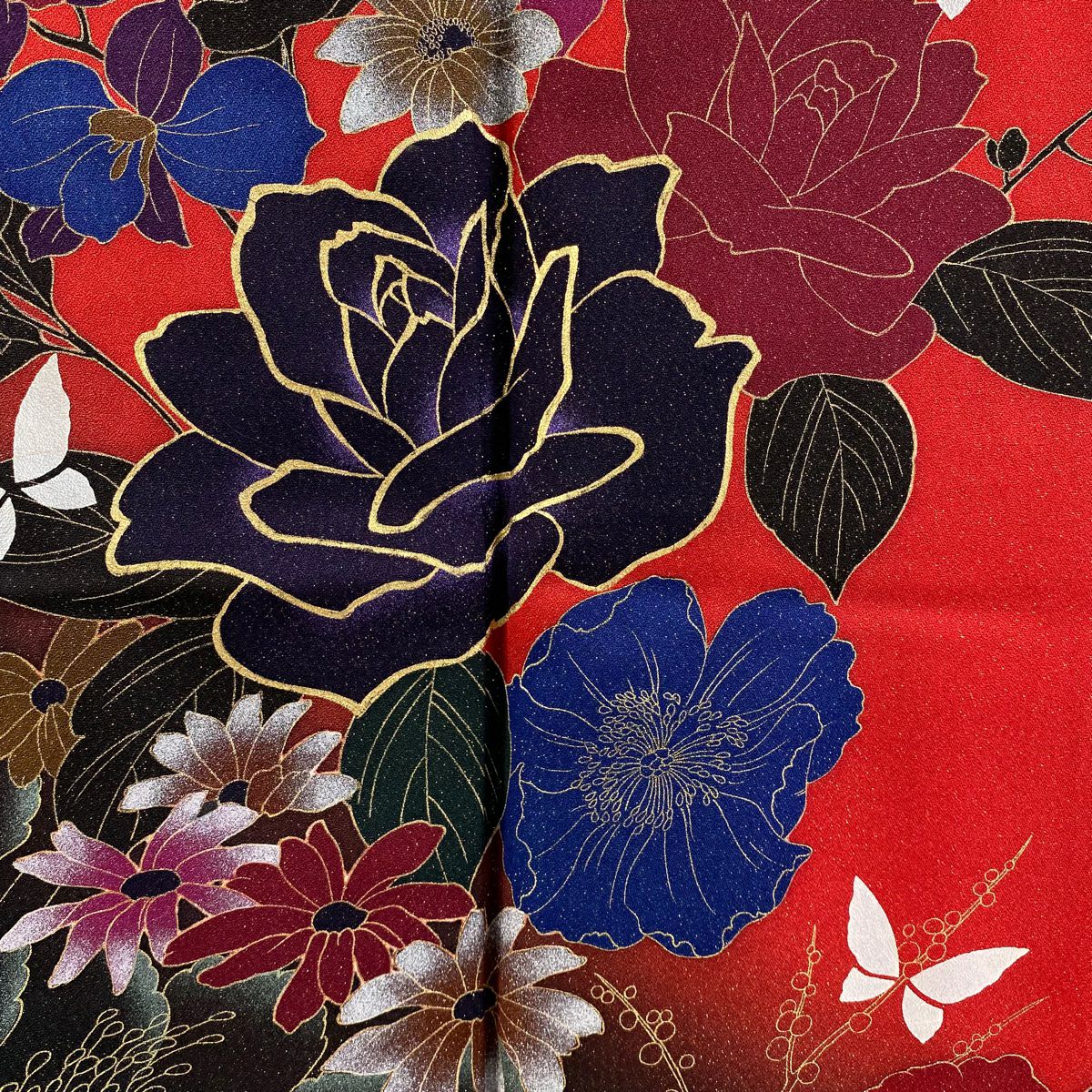 【庫存清倉】振袖禮服 身長160cm 袖長68cm L 雙層 草花紋紋 蝶 金通染 紅 純蠶絲 美品 逸品級