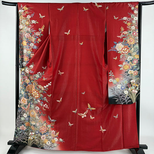 【庫存清倉】振袖禮服 身長162.5cm 袖長64.5cm M 雙層 草花紋紋 蝶 金銀彩 紅 純蠶絲 美品 逸品級