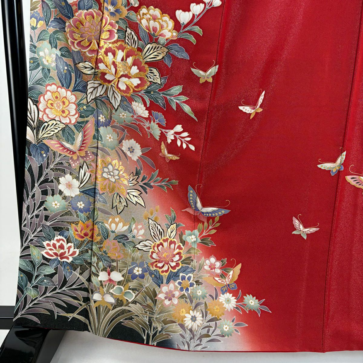 【庫存清倉】振袖禮服 身長162.5cm 袖長64.5cm M 雙層 草花紋紋 蝶 金銀彩 紅 純蠶絲 美品 逸品級