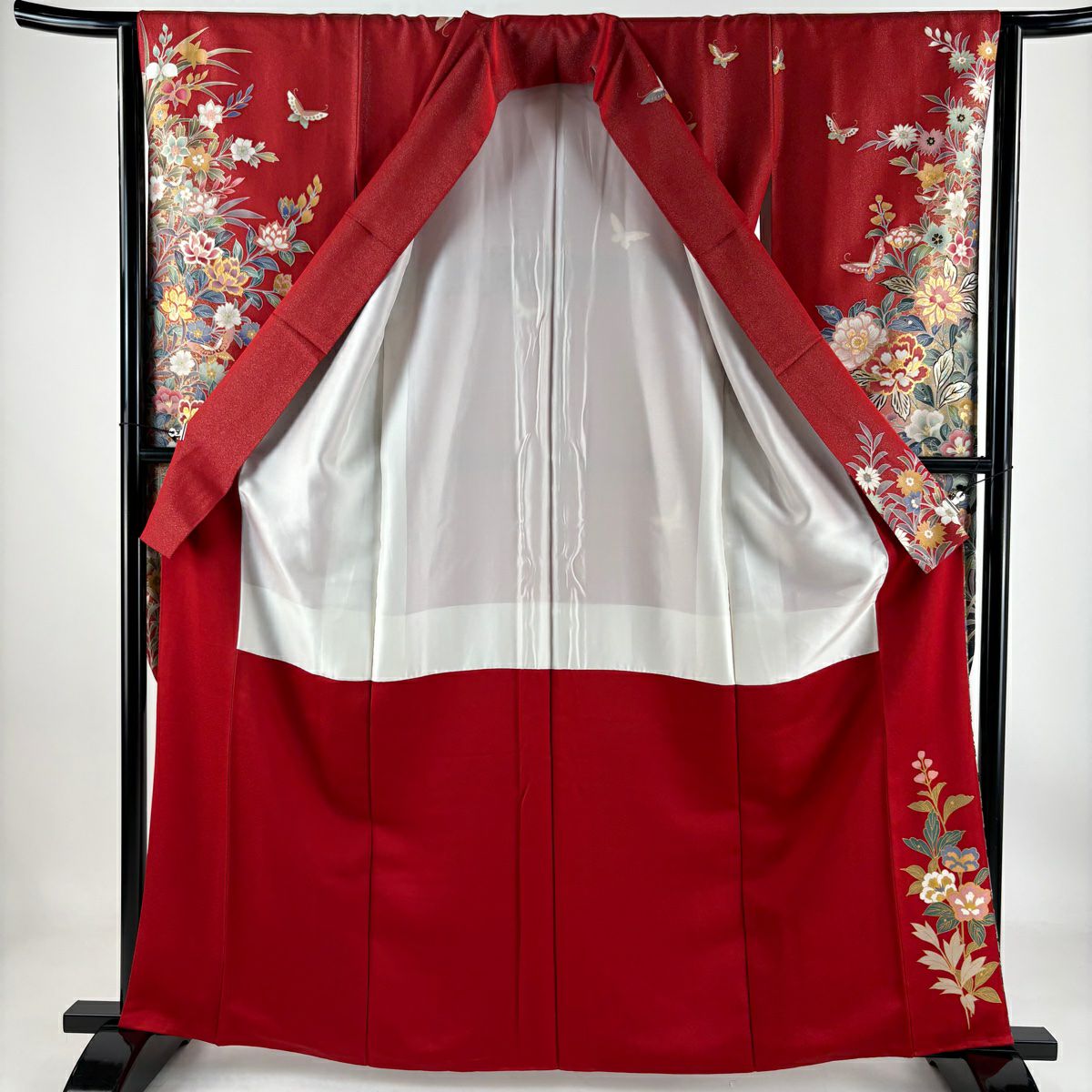 【庫存清倉】振袖禮服 身長162.5cm 袖長64.5cm M 雙層 草花紋紋 蝶 金銀彩 紅 純蠶絲 美品 逸品級