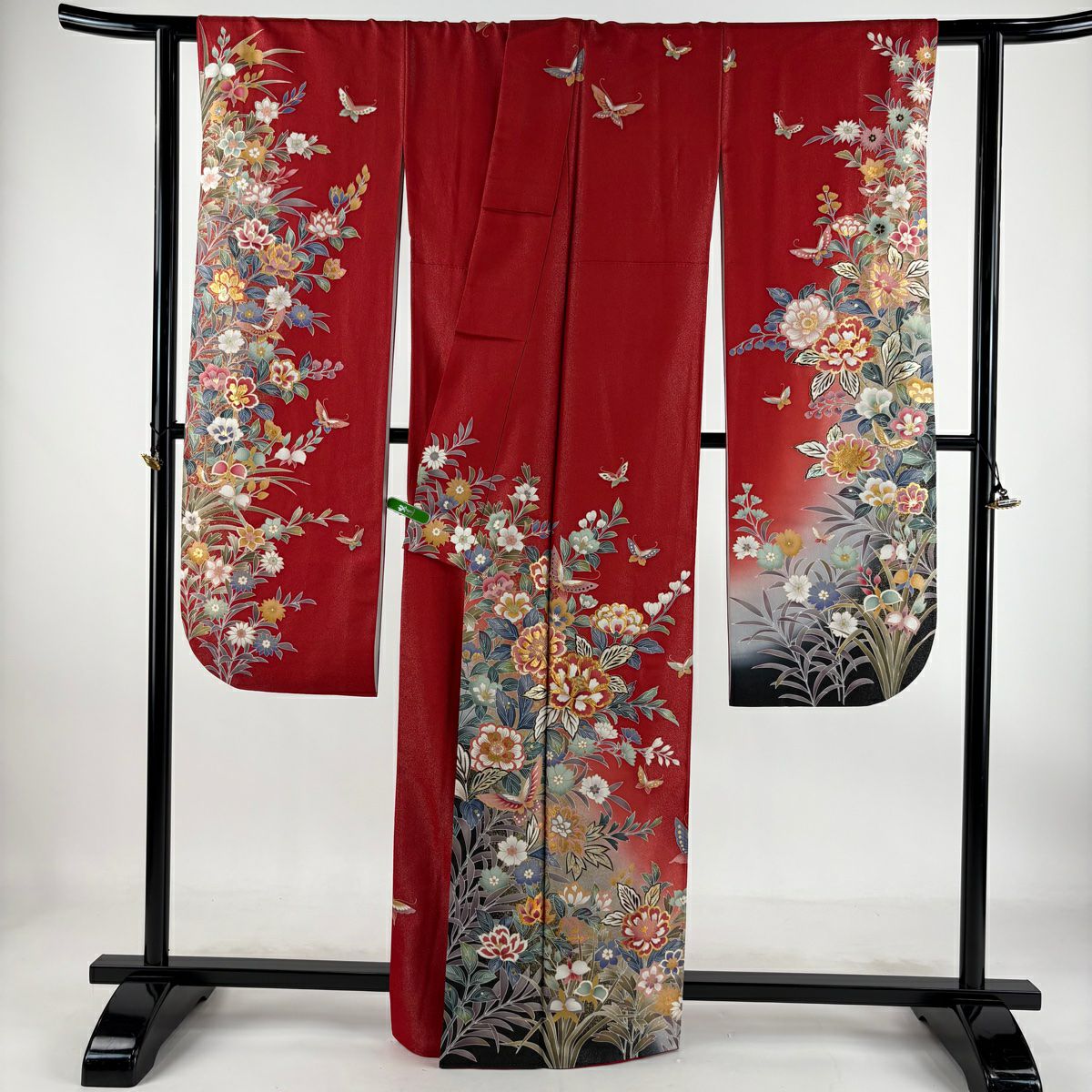 【庫存清倉】振袖禮服 身長162.5cm 袖長64.5cm M 雙層 草花紋紋 蝶 金銀彩 紅 純蠶絲 美品 逸品級