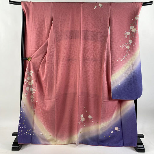 【清倉特賣】振袖禮服 身長169cm 袖長70cm L 雙層 鈴乃屋 垂枝櫻花 花瓣 銀通 金銀彩 粉紅 純蠶絲 逸品級