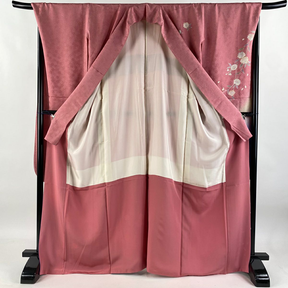 【清倉特賣】振袖禮服 身長169cm 袖長70cm L 雙層 鈴乃屋 垂枝櫻花 花瓣 銀通 金銀彩 粉紅 純蠶絲 逸品級