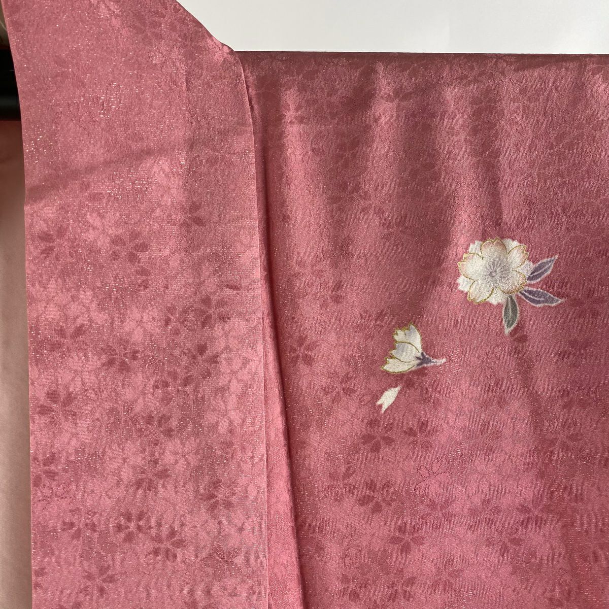 【清倉特賣】振袖禮服 身長169cm 袖長70cm L 雙層 鈴乃屋 垂枝櫻花 花瓣 銀通 金銀彩 粉紅 純蠶絲 逸品級