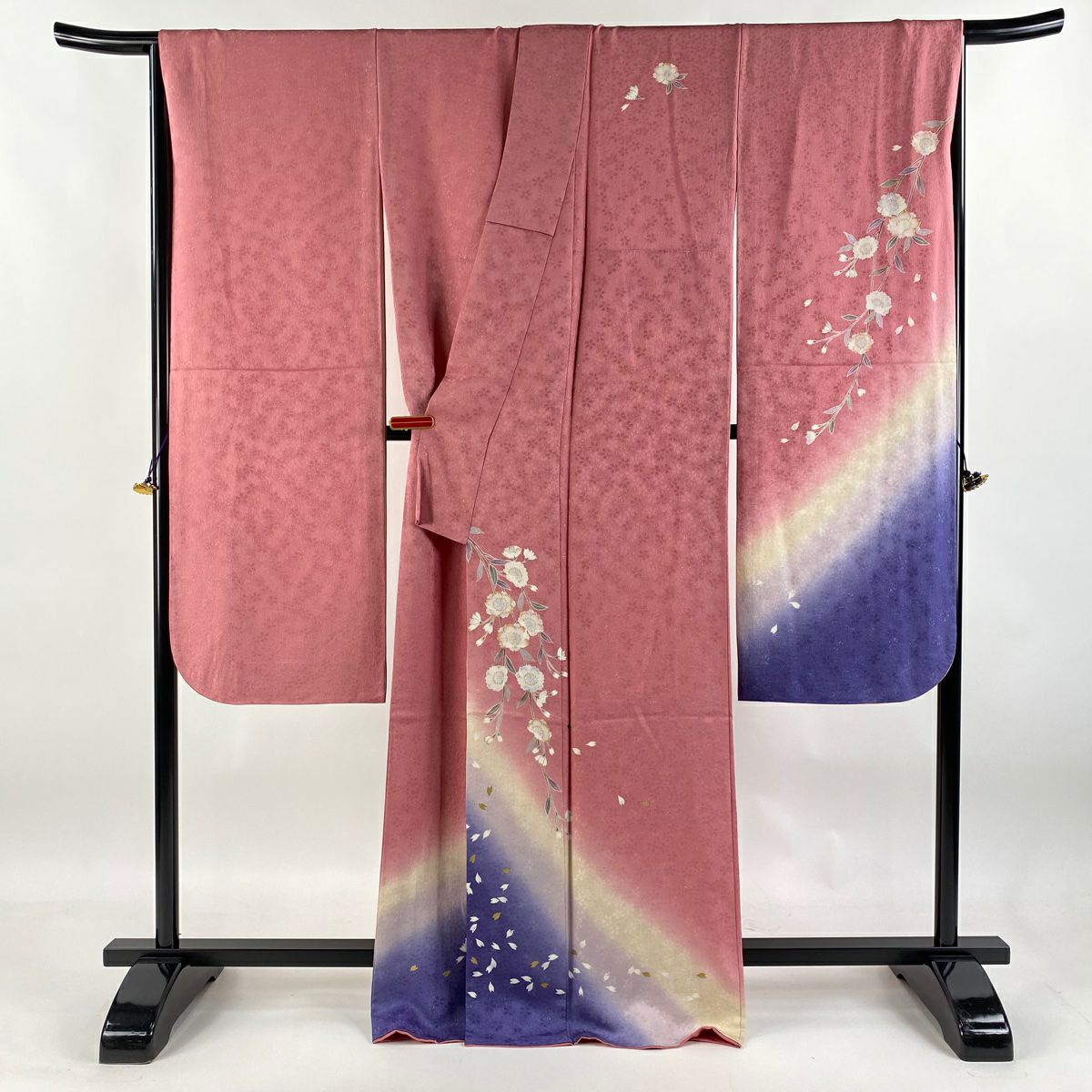 【清倉特賣】振袖禮服 身長169cm 袖長70cm L 雙層 鈴乃屋 垂枝櫻花 花瓣 銀通 金銀彩 粉紅 純蠶絲 逸品級