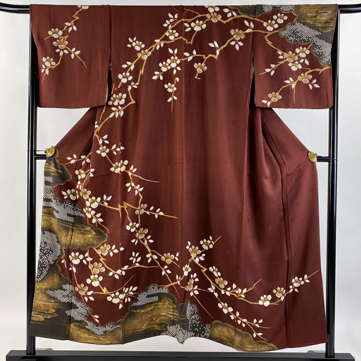 【庫存清倉】訪問服 身長151cm 袖長66cm M 雙層 枝花 雲紋 絞染 金絲 茶 純蠶絲 逸品級