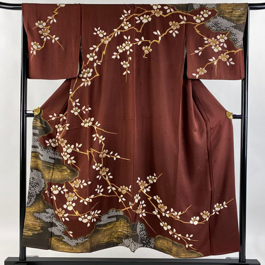 【庫存清倉】訪問服 身長151cm 袖長66cm M 雙層 枝花 雲紋 絞染 金絲 茶 純蠶絲 逸品級