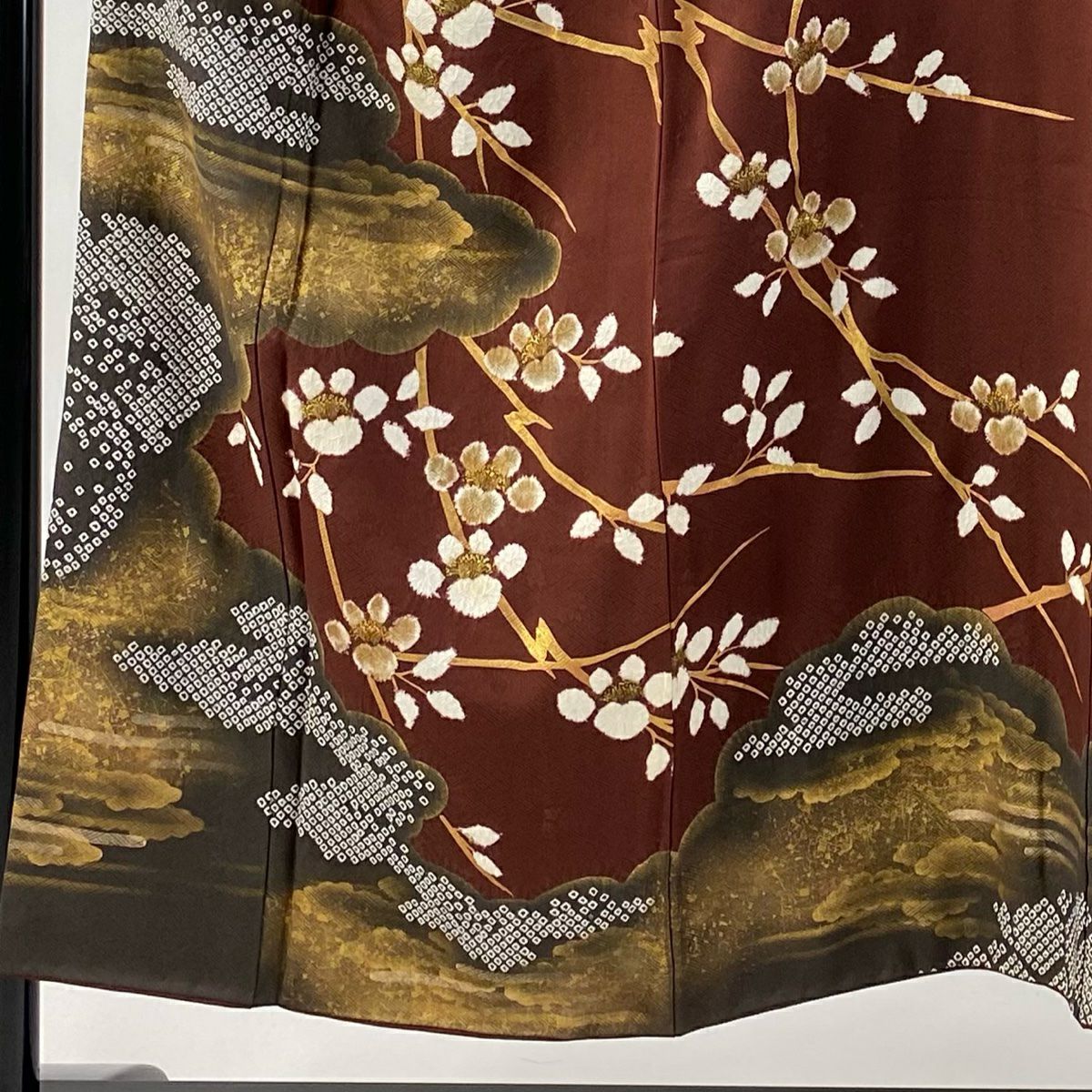 【庫存清倉】訪問服 身長151cm 袖長66cm M 雙層 枝花 雲紋 絞染 金絲 茶 純蠶絲 逸品級